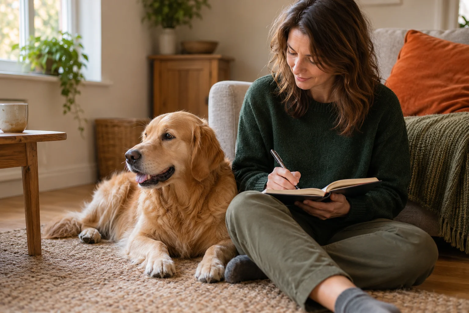 Illustration of an adult making notes at home beside a resting golden retriever