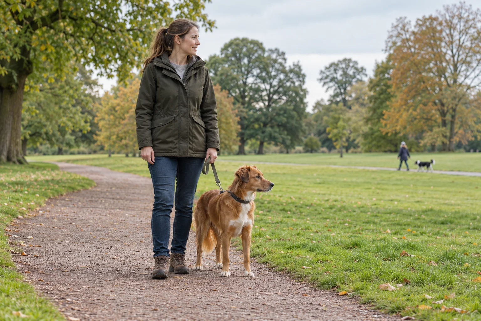 Illustration of an owner and dog on a park path, with another dog far in the background