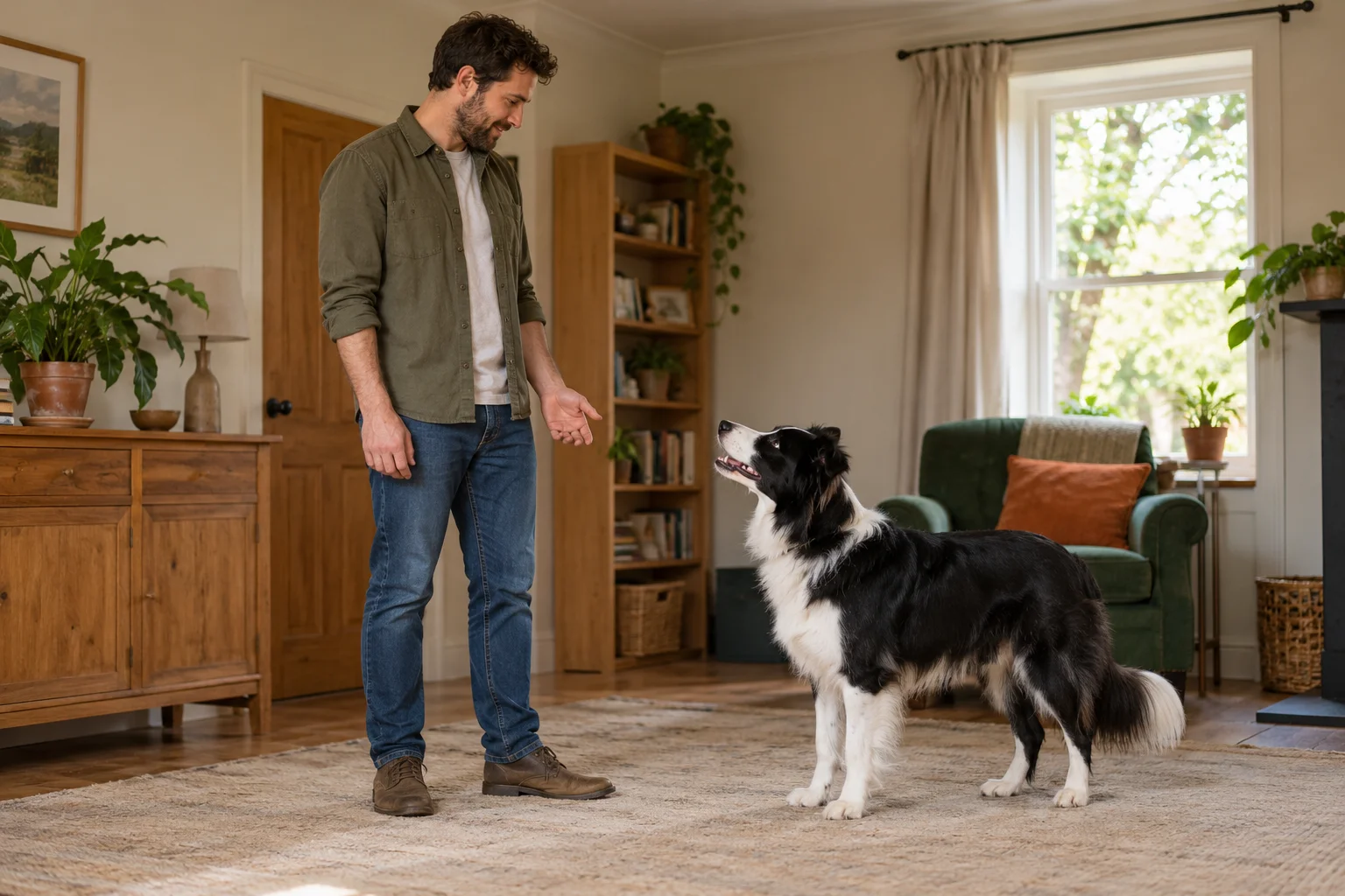 Illustration of an adult and an attentive border collie in an ordinary living room