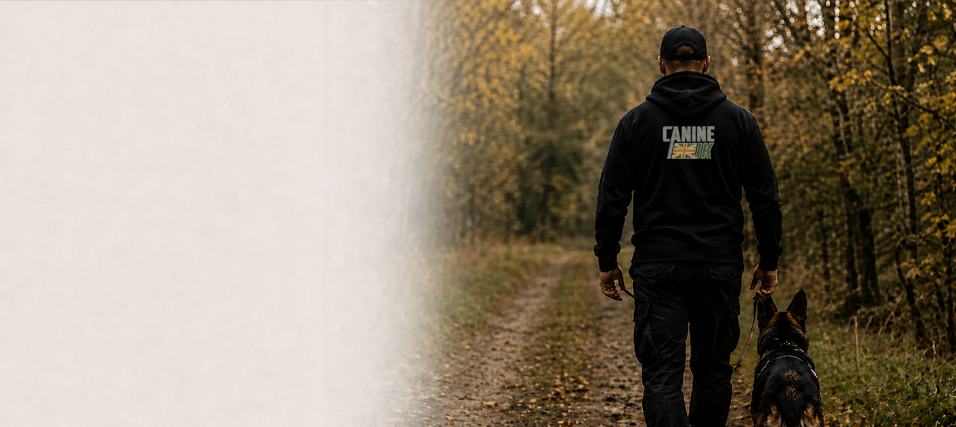 A Canine UK trainer walking with a German Shepherd through woodland