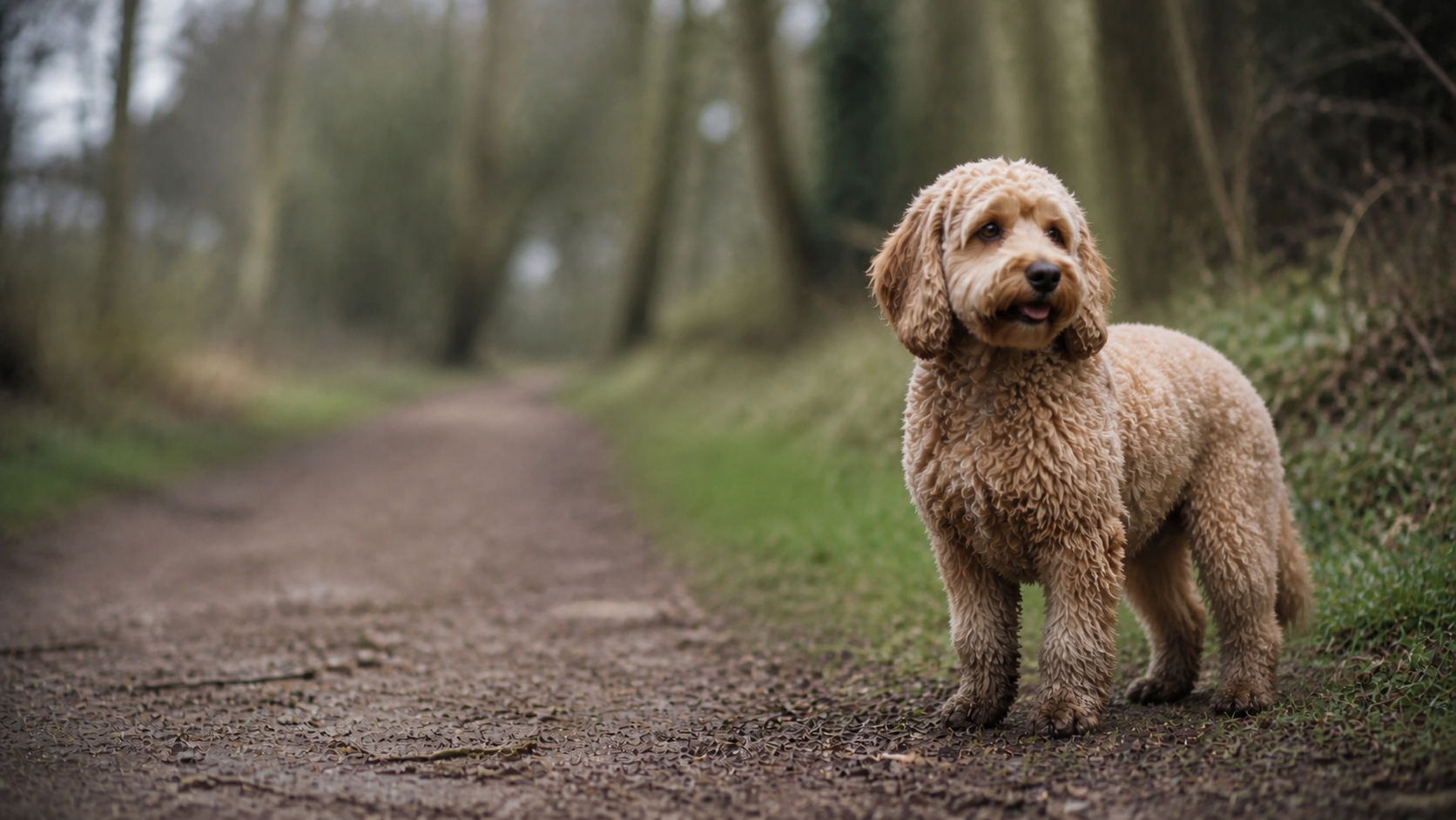 Cockapoo standing on a woodland path