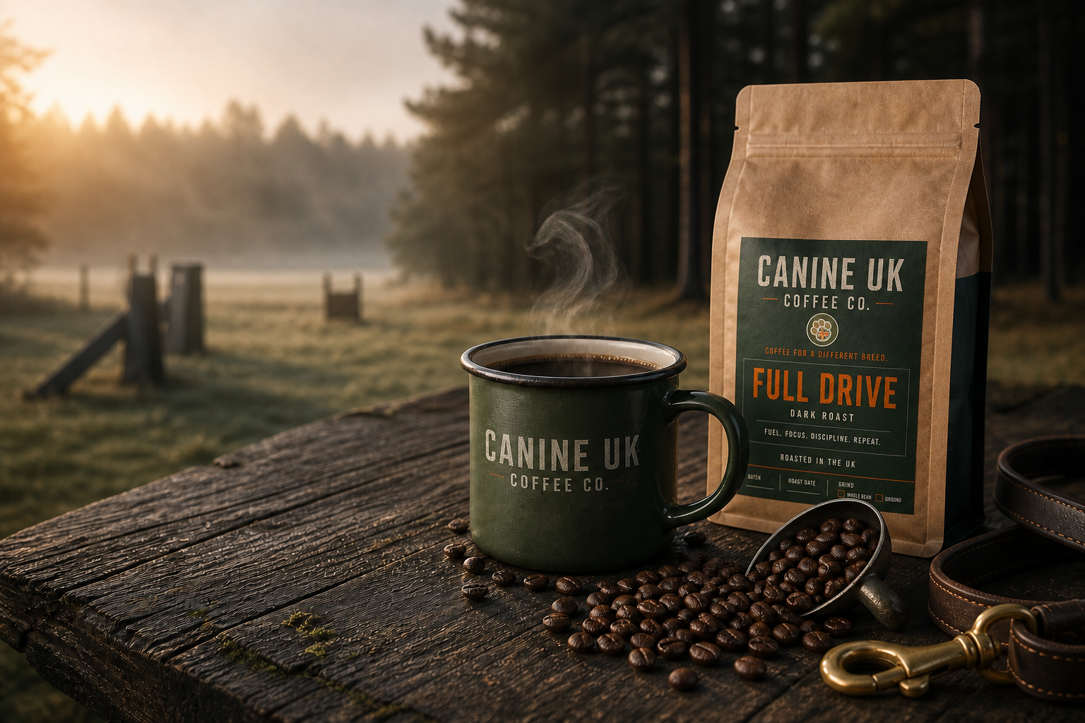 Canine UK Coffee Co. mug and coffee bag beside dog-training equipment