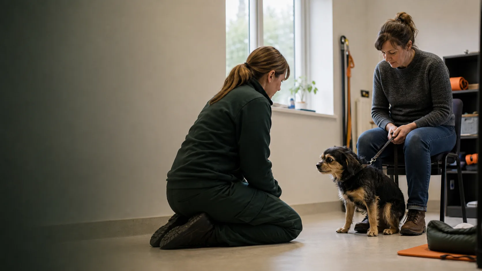 A Canine UK welfare professional assessing a dog calmly indoors