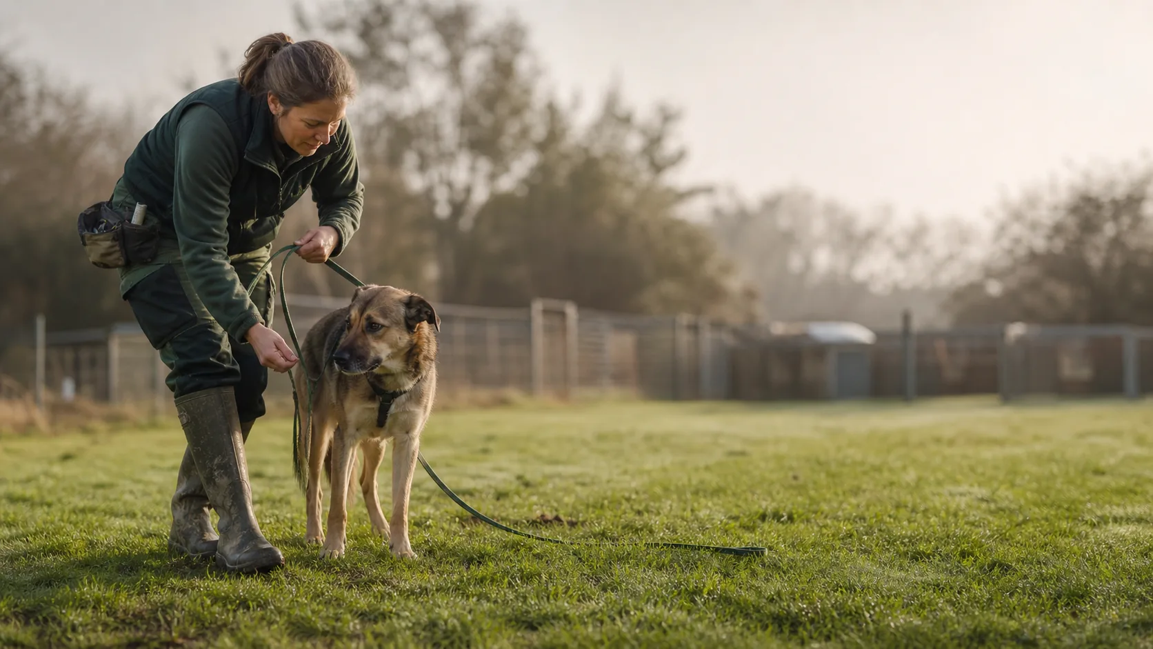 A Canine UK professional working with a rescue dog outdoors
