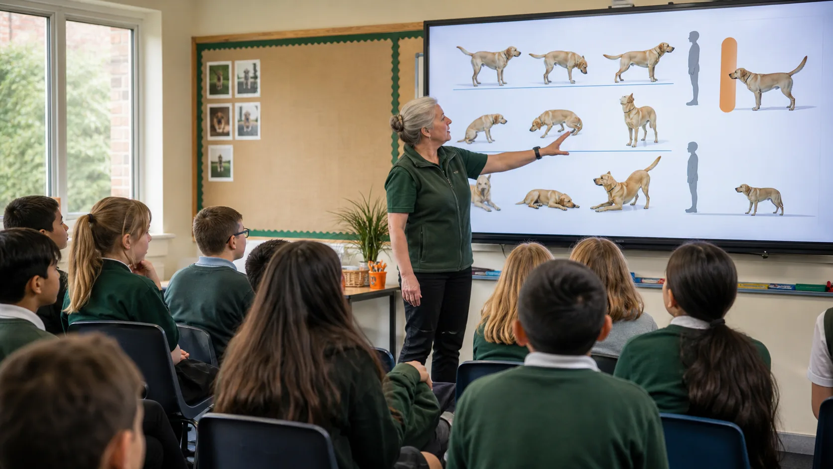 A canine welfare educator teaching primary school pupils how to recognise dog body language safely