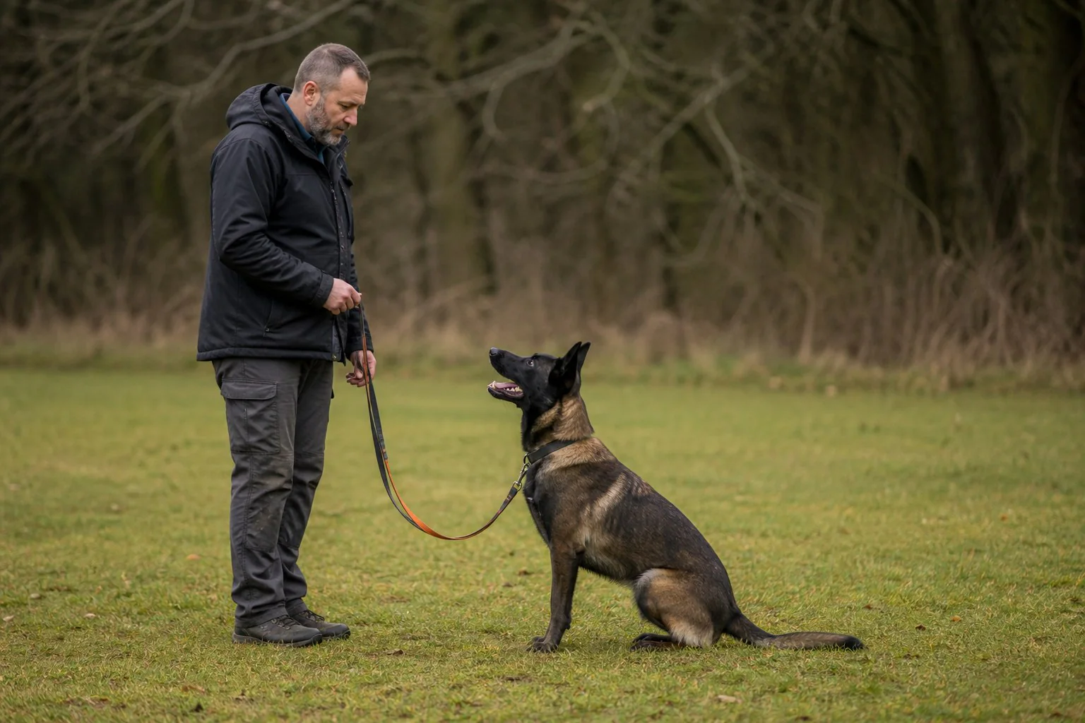 A Canine UK trainer working calmly with a Malinois on a lead