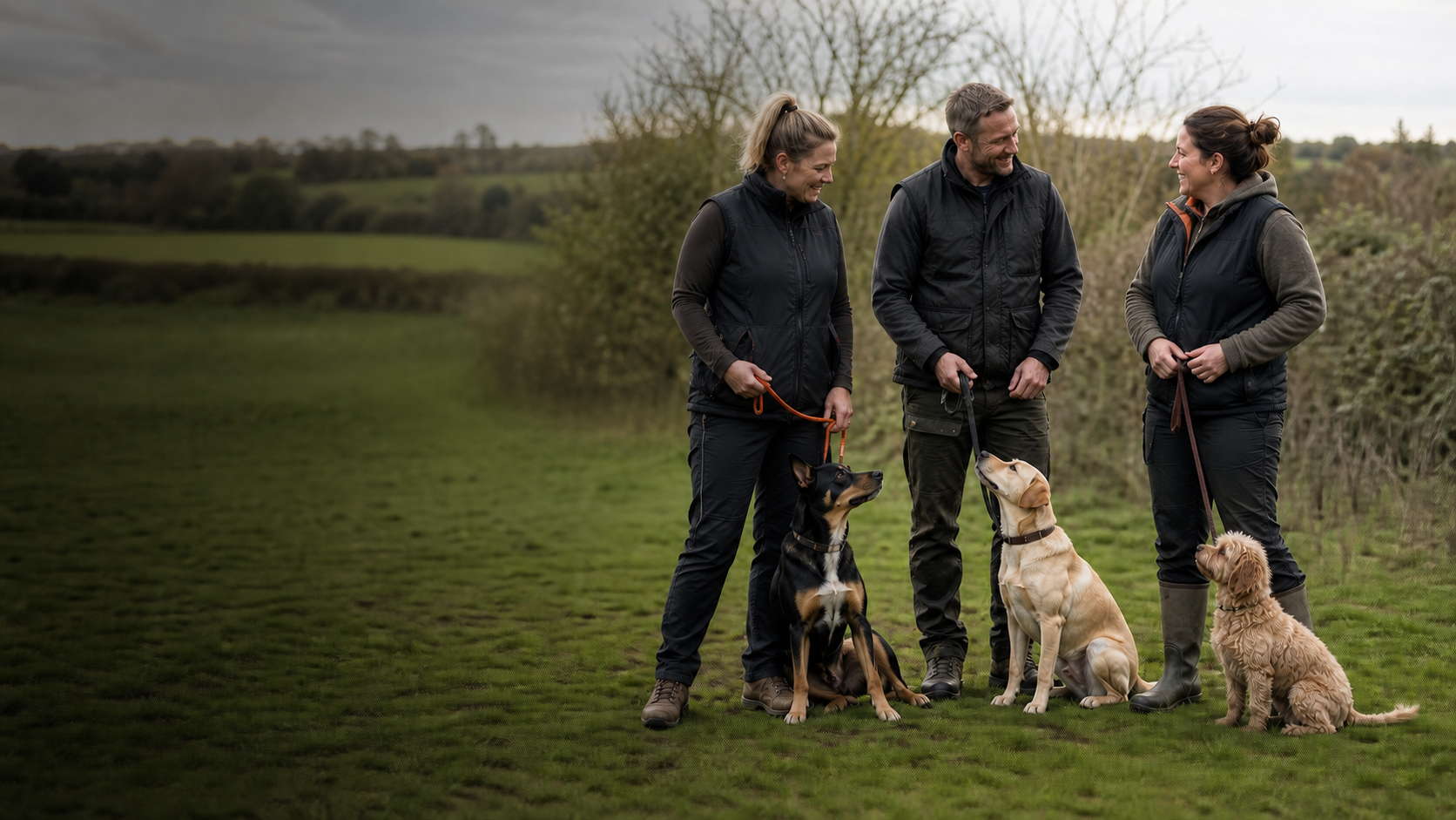 Canine UK professionals with dogs in open countryside